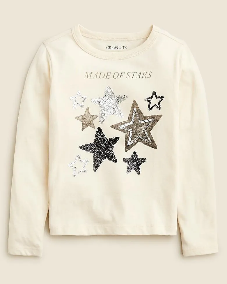 Girls' long-sleeve "made of stars" graphic T-shirt with sequins