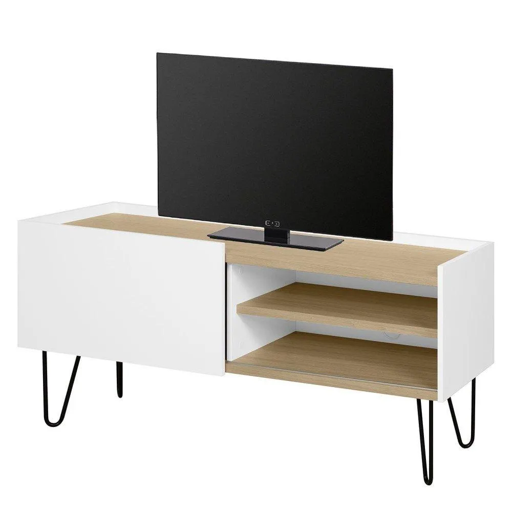 Alekos - Mueble TV estilo moderno con 1 puerta deslizante color roble y blanco