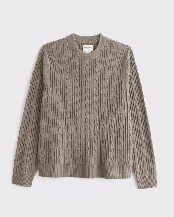 Merino Wool-Blend Cable Crew Sweater