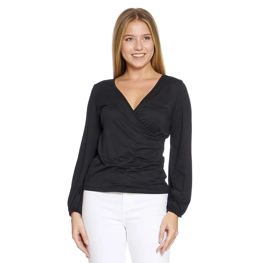 Blusa Para Mujer Cruzada Escote Profundo Manga Larga Color Negro Casual 330711