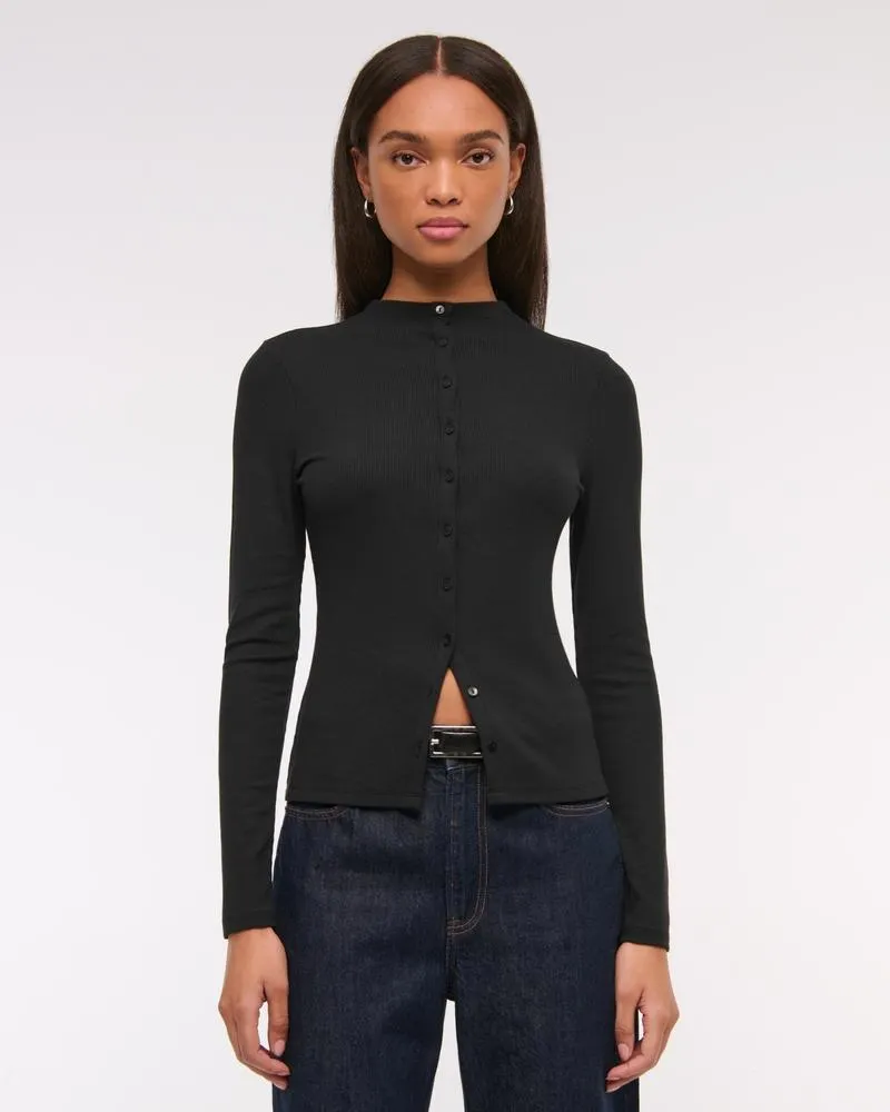 Long-Sleeve Mockneck Button-Through Top