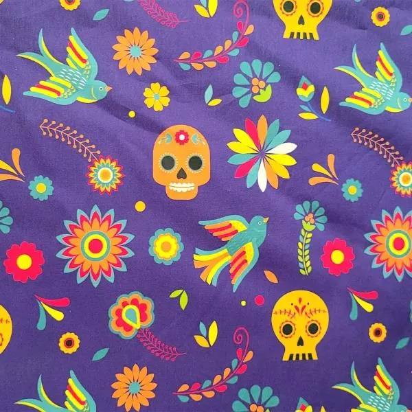 Algodón Digital Flores, craneos y pájaros