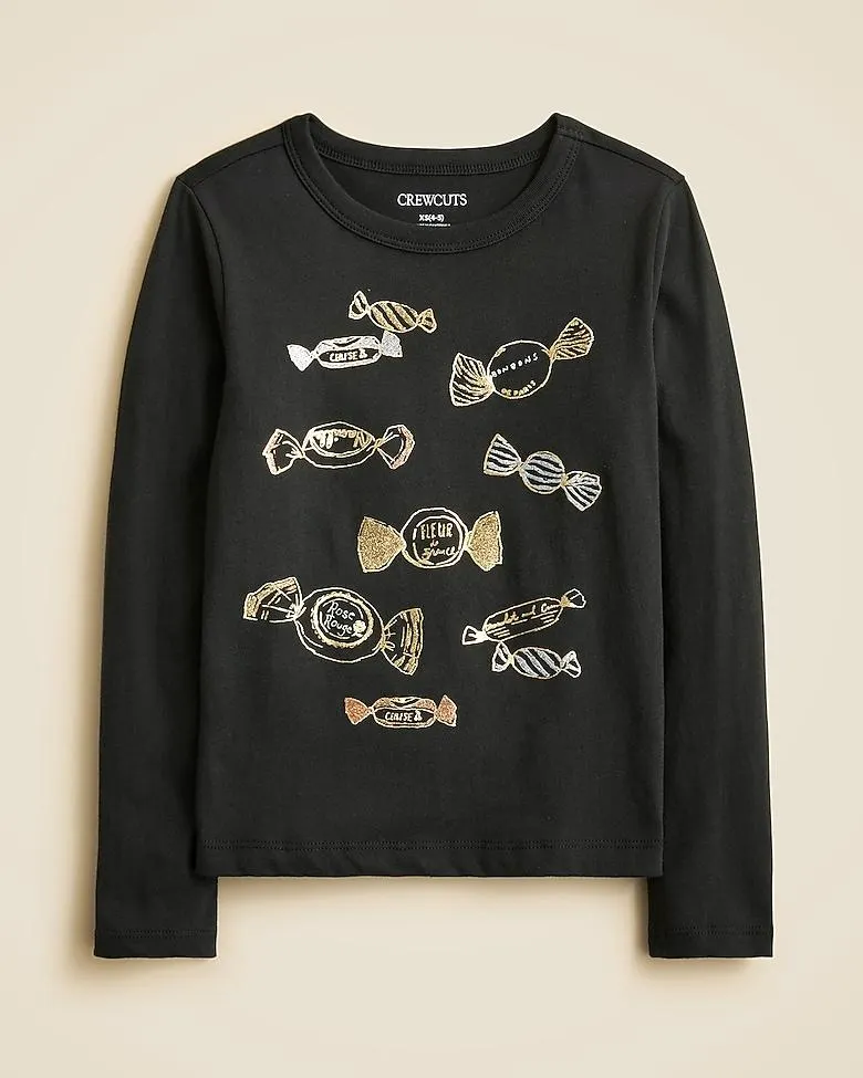 Girls' long-sleeve bonbon graphic T-shirt with glitter