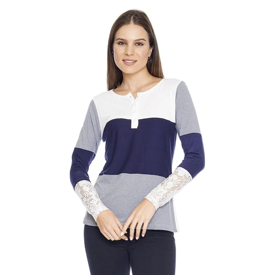Blusa Para Mujer Manga Larga Bloques Casual Con Encaje