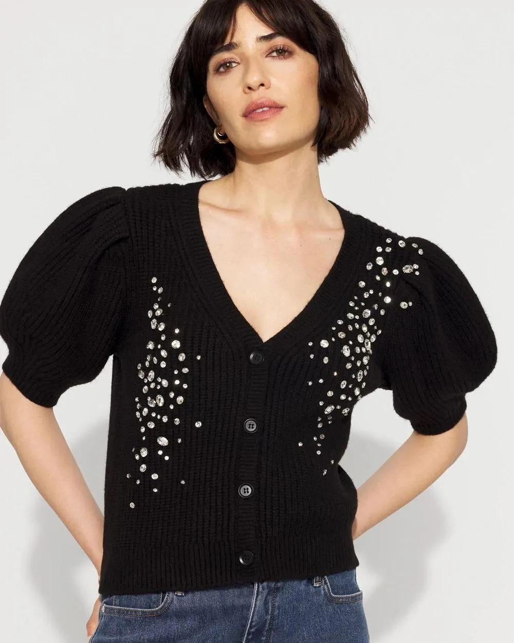 Embellished Puff Sleeve Button-Front Cardigan