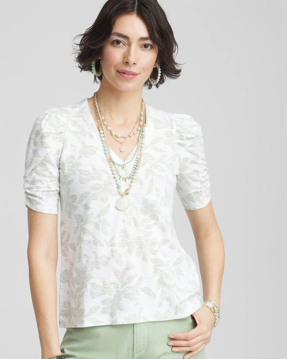 Henley Shirred-Sleeve Slub Tee