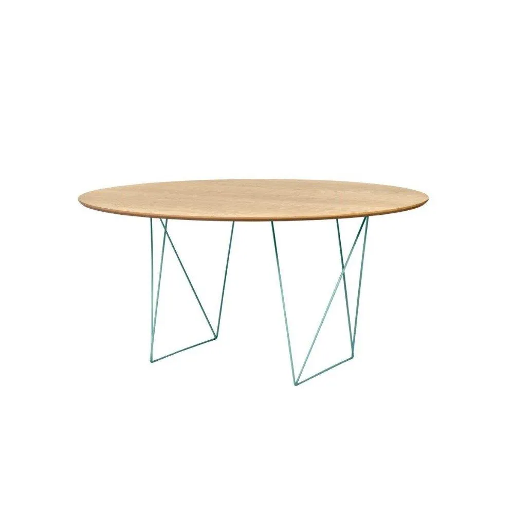 Sinaloa - Mesa de comedor redonda estilo industrial con herrería color turquesa y madera de encino