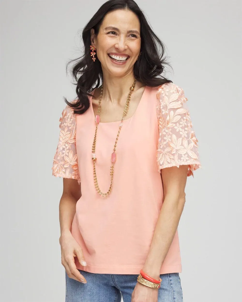 Floral Sleeved Square-Neck Tee