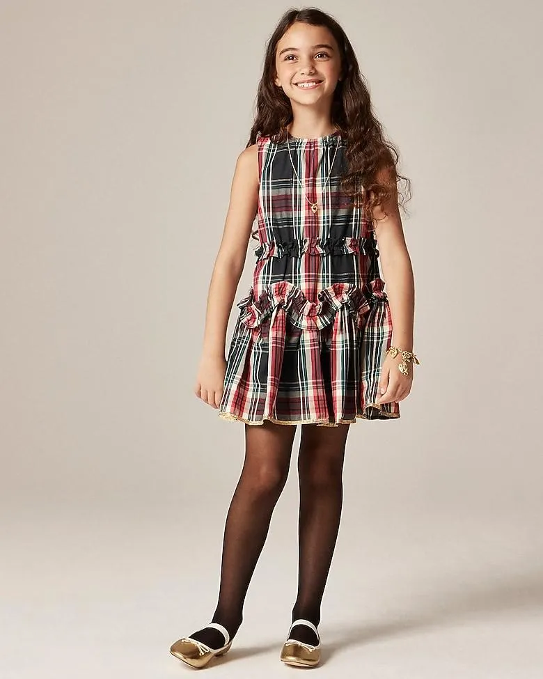 Girls' cotton poplin ruffle dress in Stewart tartan