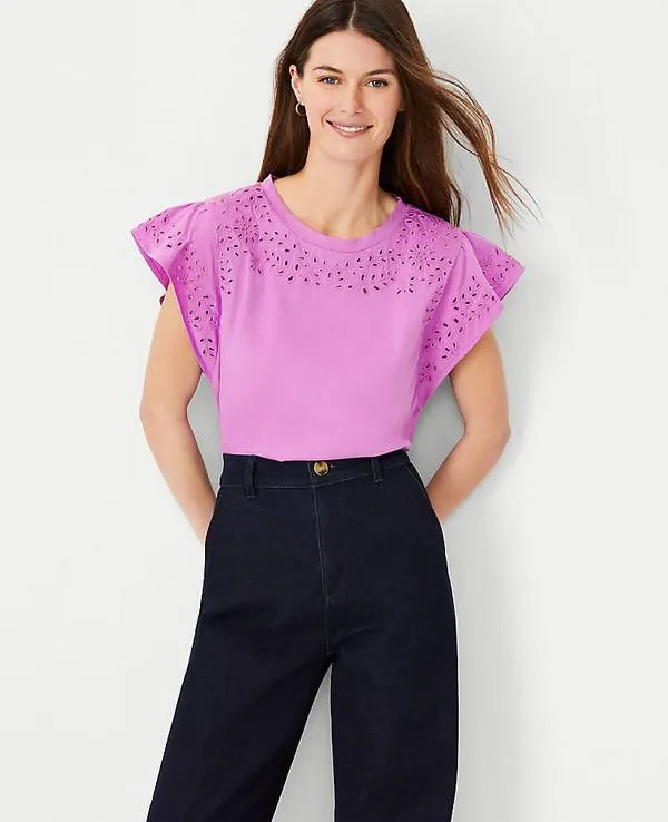 Camisas Ann Taylor Eyelet Cap Sleeve Morados | 835024-AFZ