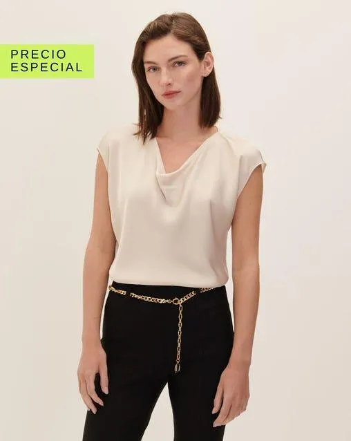 Blusa De Satín Escote Drapeado Beige