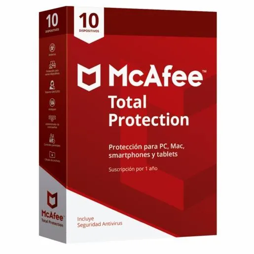Antivirus McAfee Total Protection / Licencia 1 año / 10 dispositivos / PC / Laptop / Mac / Dispositivos móviles