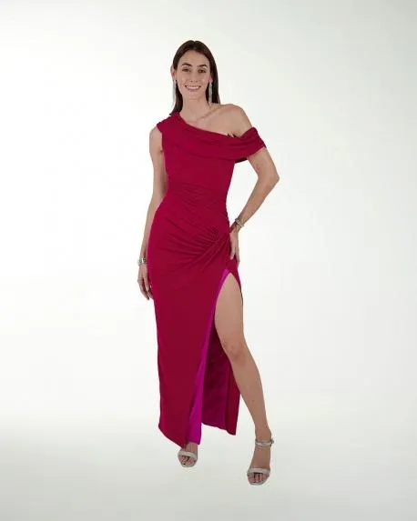 VESTIDO CL LISO DRAPEADO CON ABERTURA