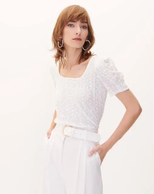 Blusa Blanca Encaje De Punto Escote U