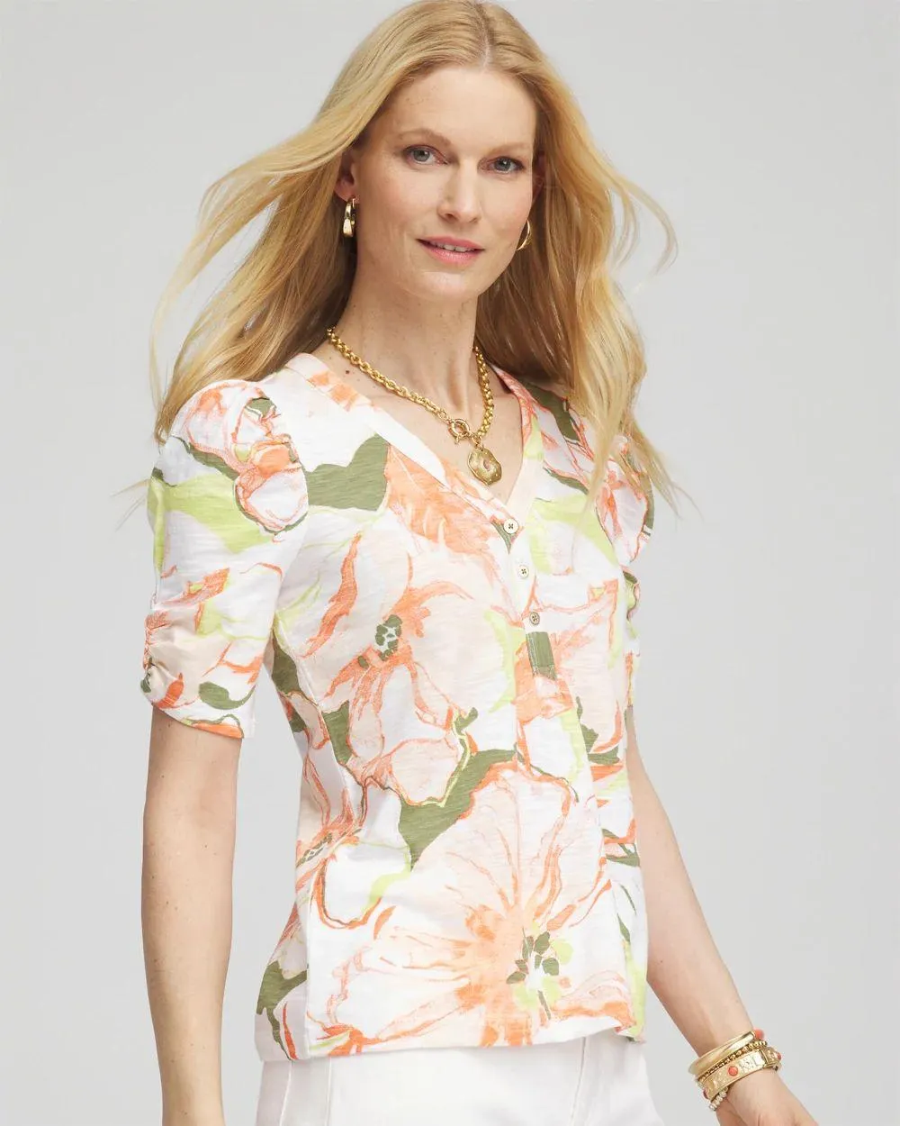 Floral Henley Shirred-Sleeve Tee