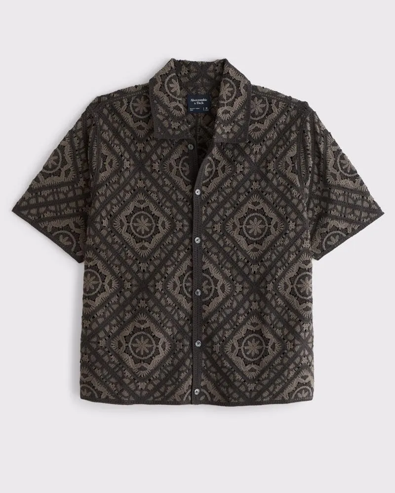 Crochet-Style Floral Tile Pattern Button-Through Sweater Polo