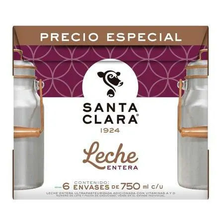 Leche UHT Santa Clara Entera 6 piezas de 750 ml c/u
