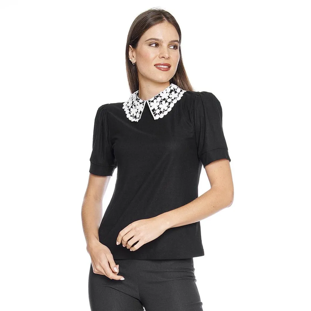 Blusa Mujer Casual Elegante Cuello bb Encaje Negro Ligera