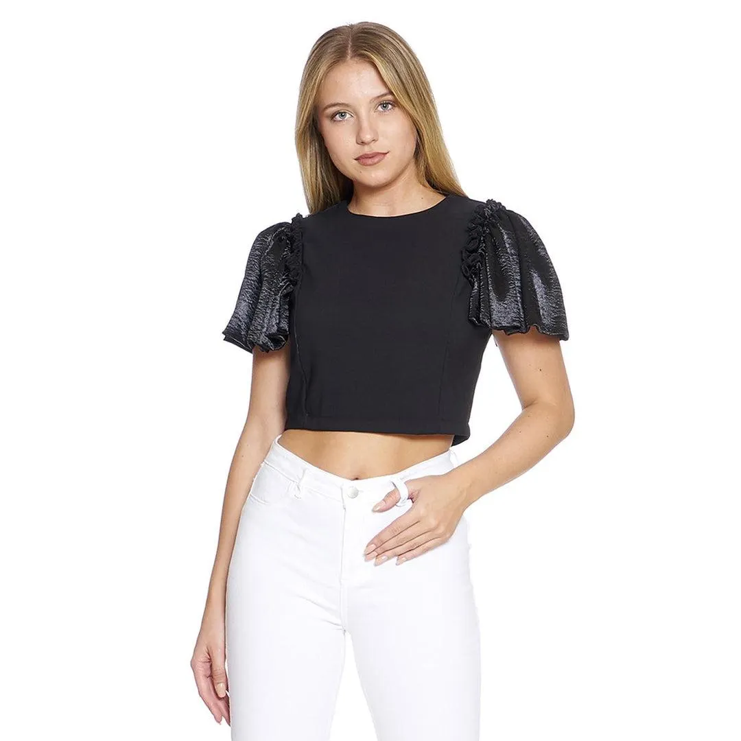 Blusa Corte Mujer Moda Casual Cuello Redondo Negro Cómoda Manga Corta Contraste Cierre Espalda 33070