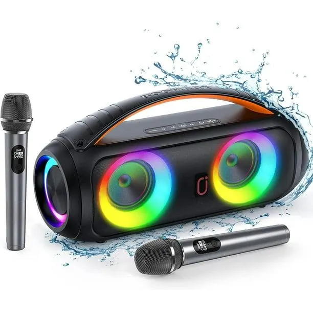 Bocina JYX, Altavoz Bluetooth Altavoces Para Exteriores Inalámbricos a Prueba de Agua con 2 Micrófonos, Boombox Portátil con Iuces de DJ Para Fiestas en La Playa y Piscina, D16-T