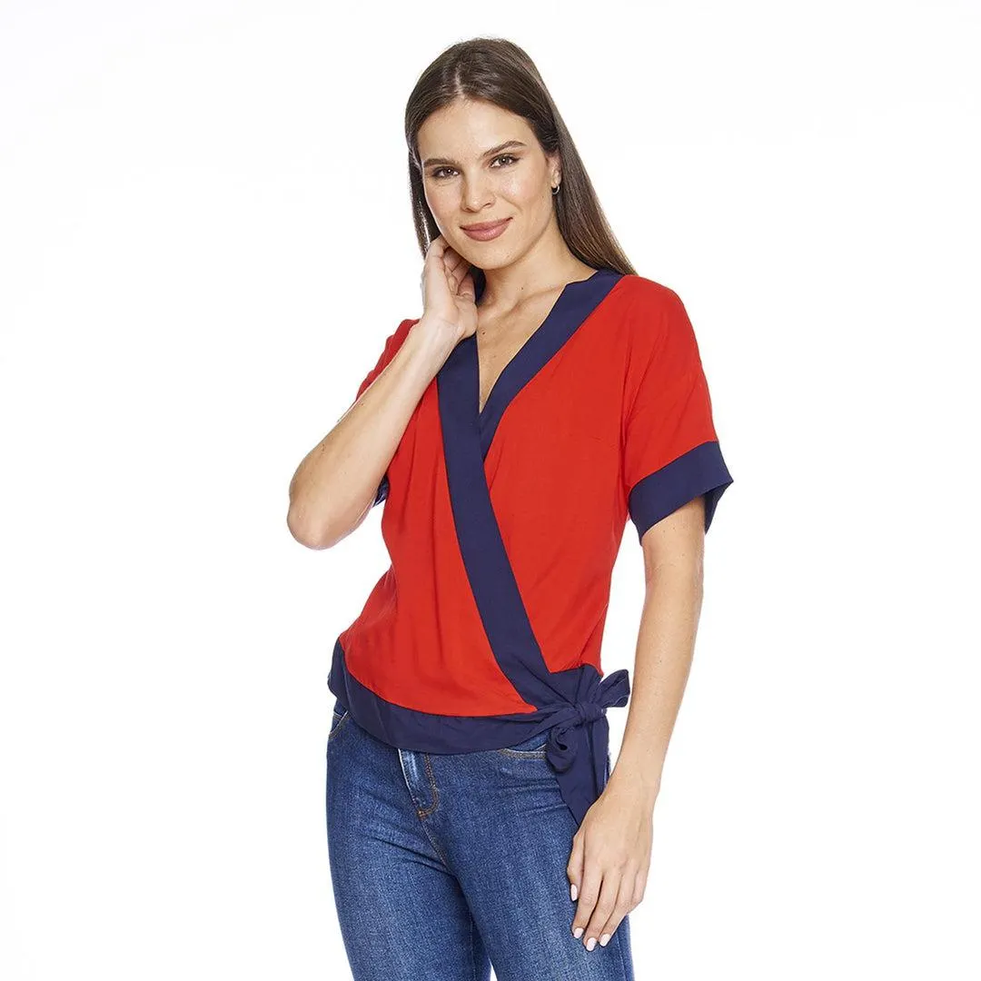 Blusa Para Mujer Cruzada Con Amarre Manga Corta Casual