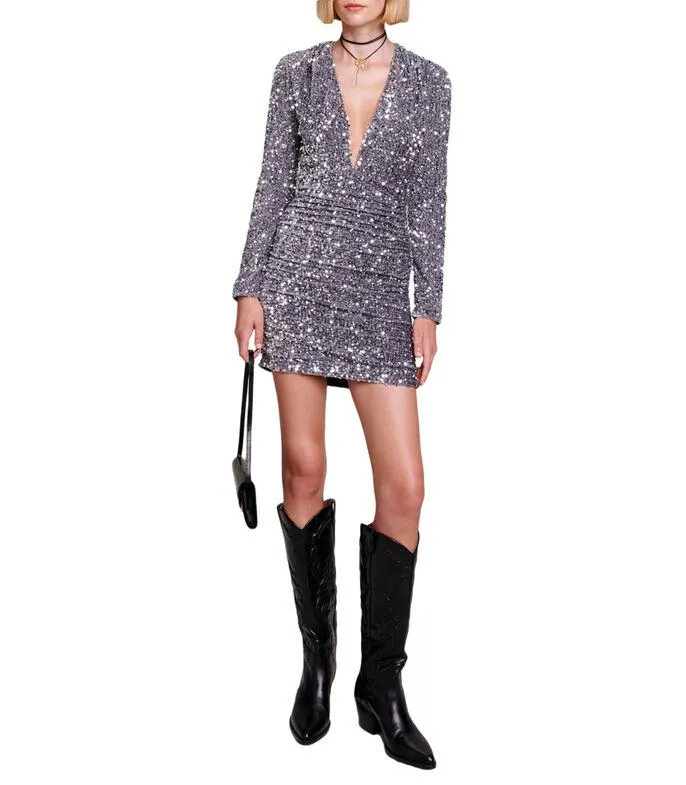 Vestido Midi Manga Larga con Lentejuelas Mujer