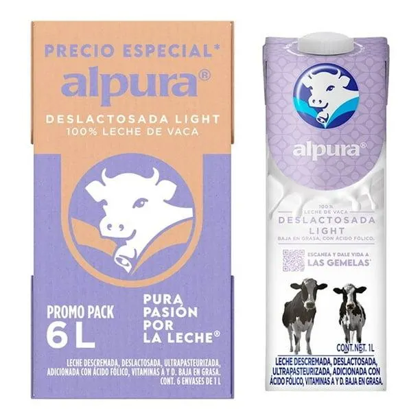 Leche Alpura deslactosada light caja con 6 pzas de 1 l c/u