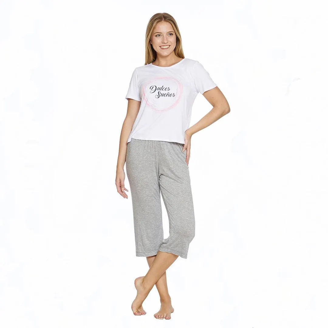 Conjunto Pantalón Pijama largo Blusa Manga Corta Suave Blanco Gris Mujer Cómoda Casual Para Dormir 6