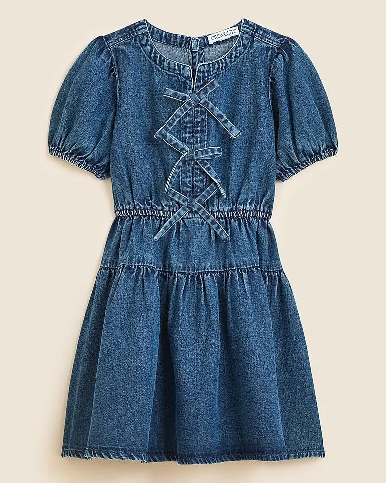 Girls' puff-sleeve dress in drapey denim