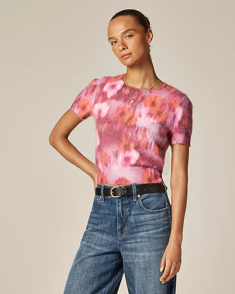 Brushed cashmere T-shirt in watercolor floral print