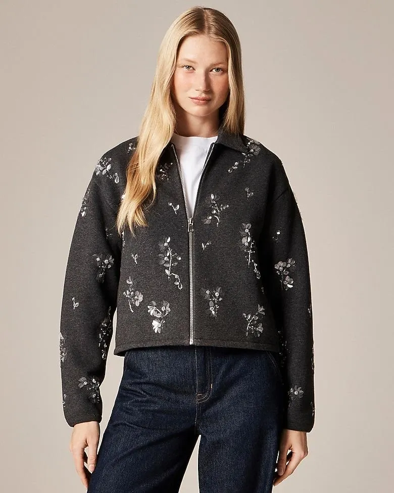 Embellished bomber jacket in heritage fleece