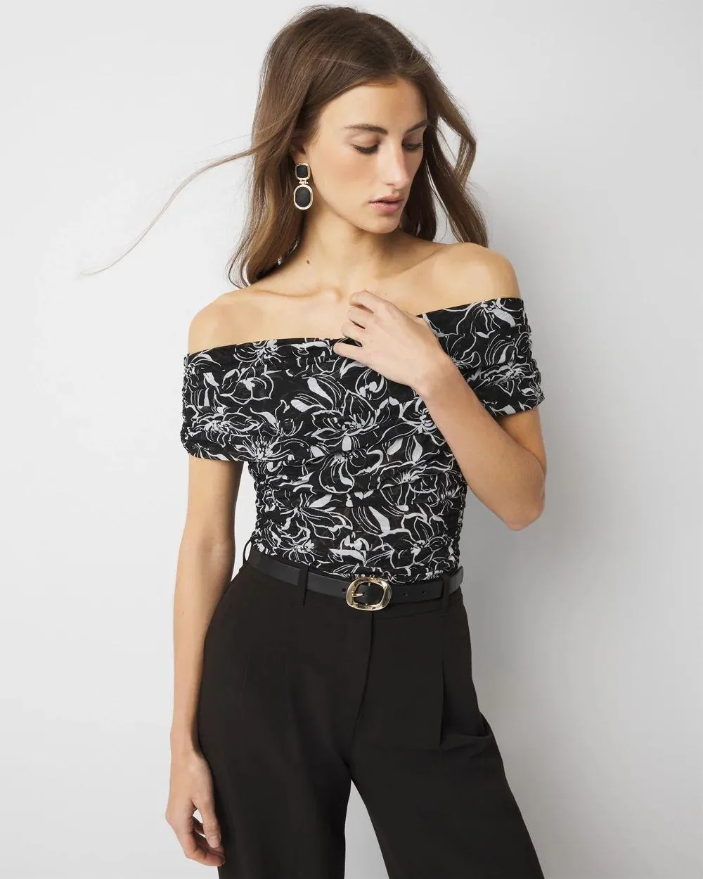 Off-the-Shoulder Ruched Mesh Top