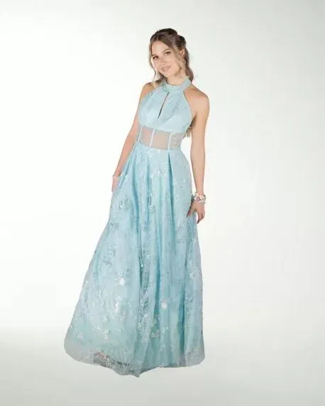 VESTIDO CL HALTER EN TELA BORDADA