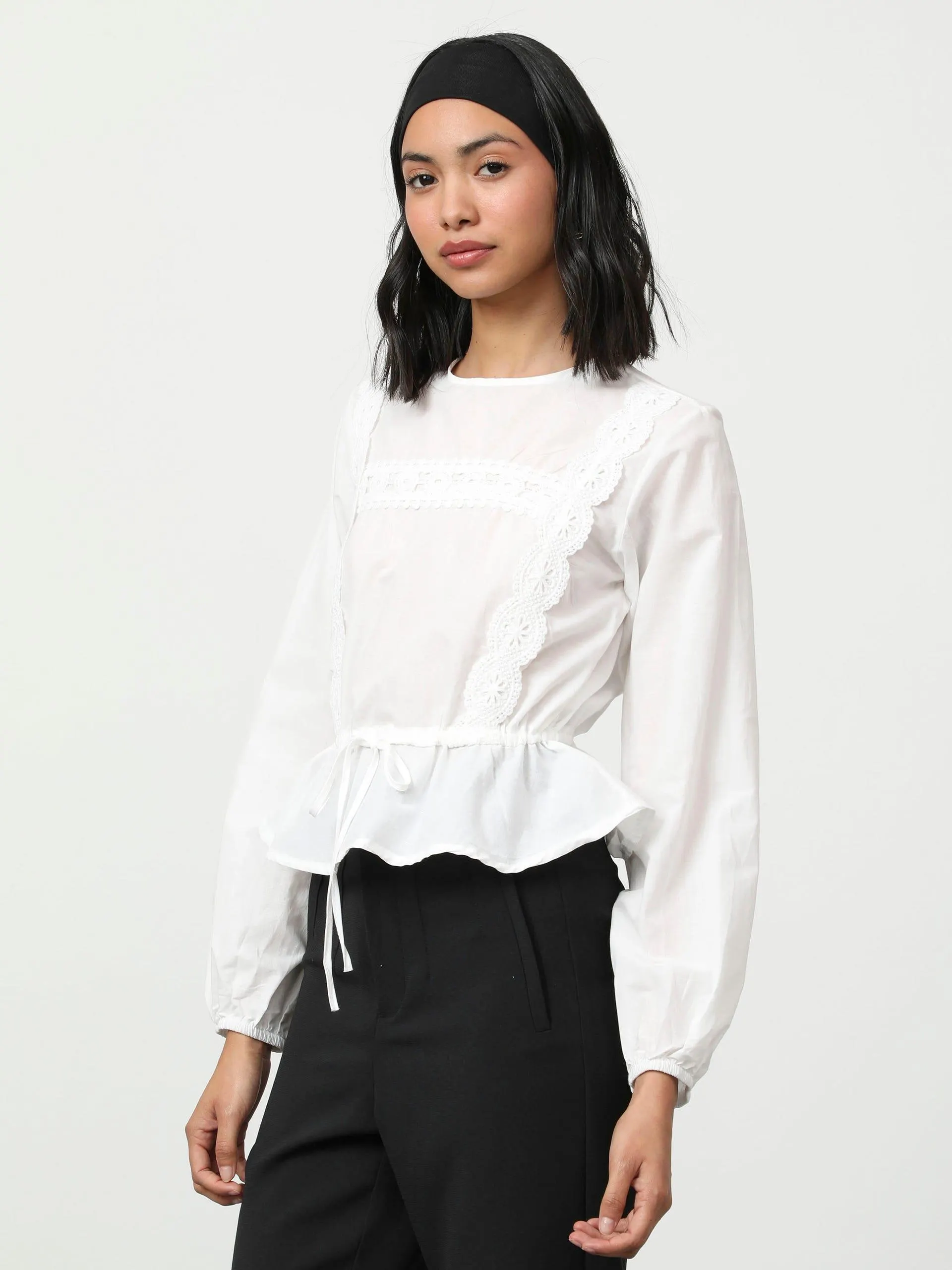 Blusa Manga Larga con Tejido en Contraste Blanca