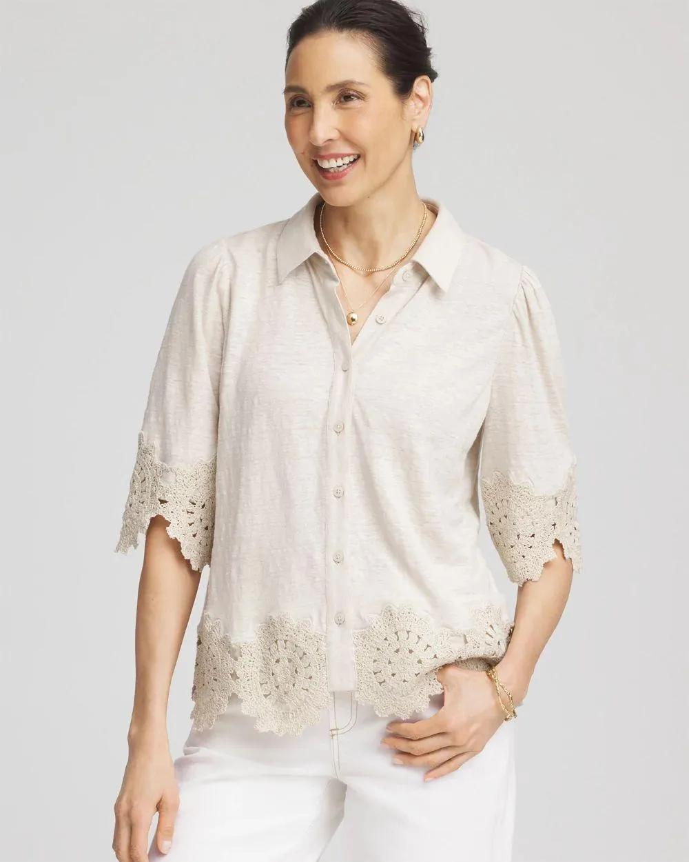 Crochet Trim Linen Shirt