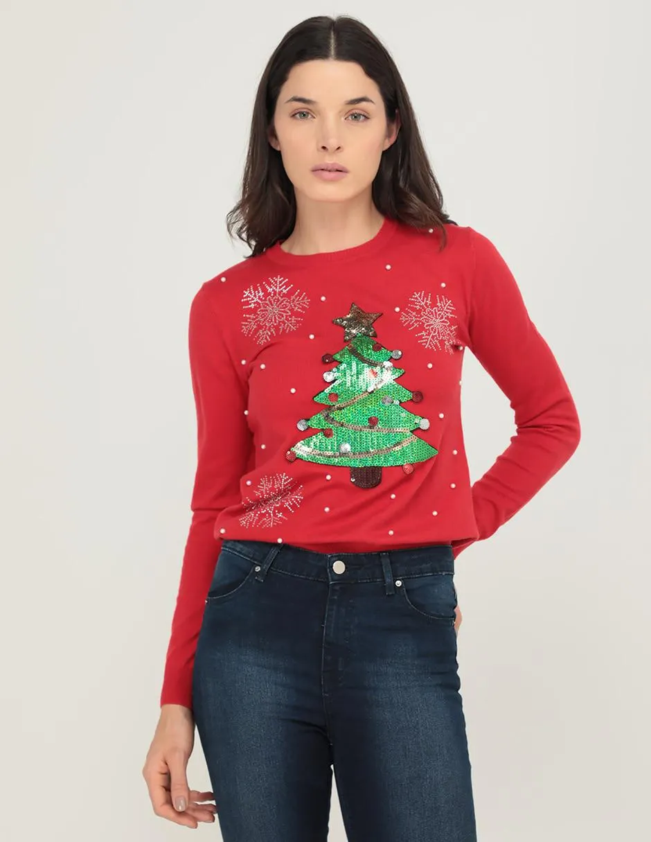 Suéter navideño Metropolis cuello redondo para mujer
