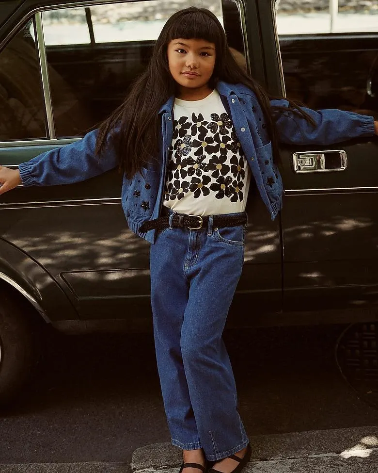 Girls' long-sleeve flower grid graphic T-shirt with sequins