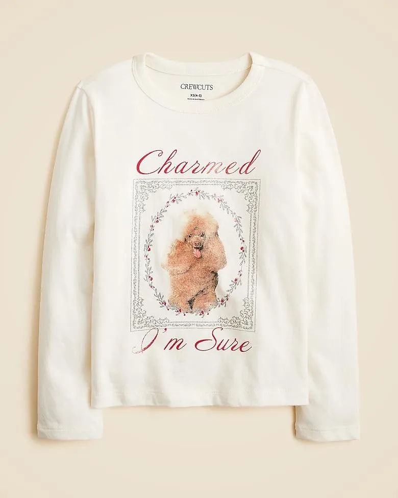 Girls' long-sleeve poodle graphic T-shirt with glitter
