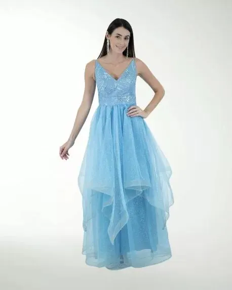 VESTIDO CL FALDA A DESNIVEL CON BRILLO