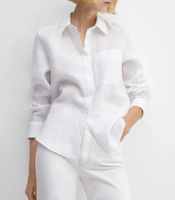 Camisa sólida en lino manga larga Mujer
