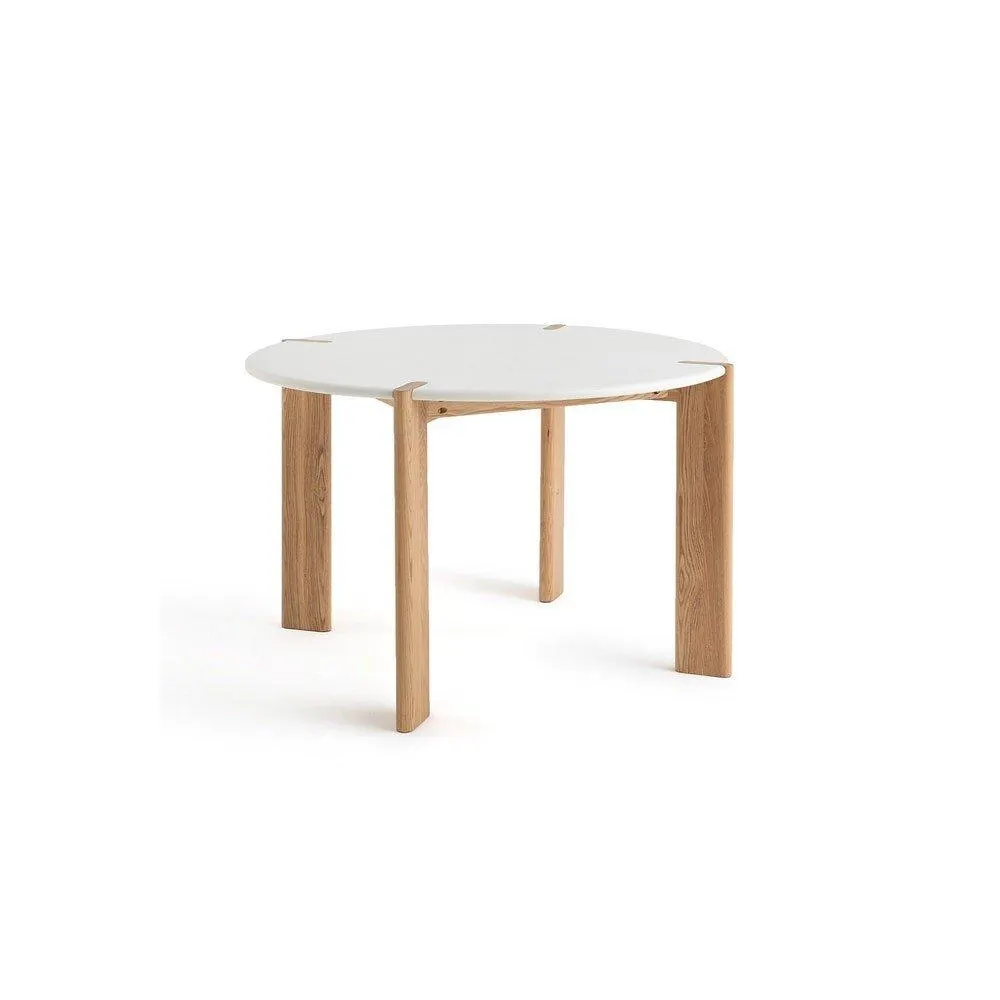Dolmen - Mesa de comedor redonda con cubierta color blanco y pies de madera de encino