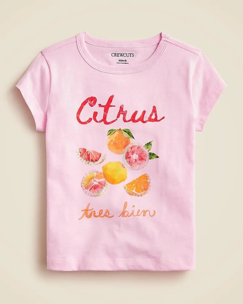 Girls' short-sleeve citrus graphic T-shirt with sequins