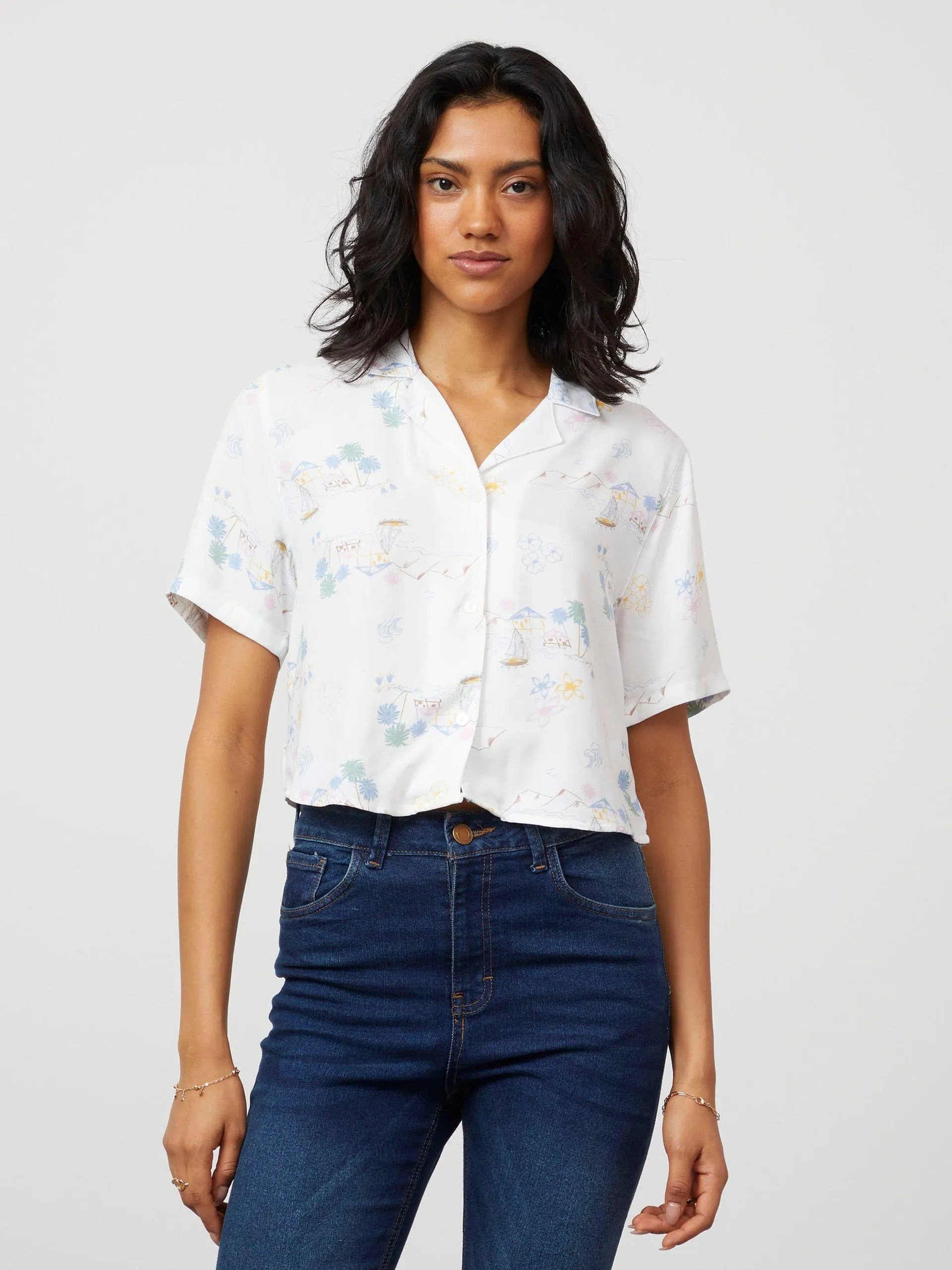 Camisa Manga Corta Resort Estampada Blanca