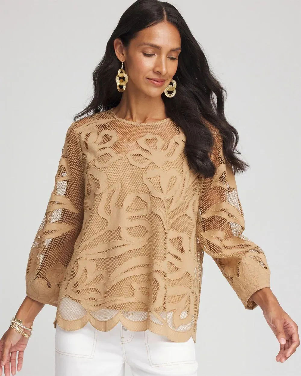 Floral-Motif Mesh 3/4 Sleeve Top