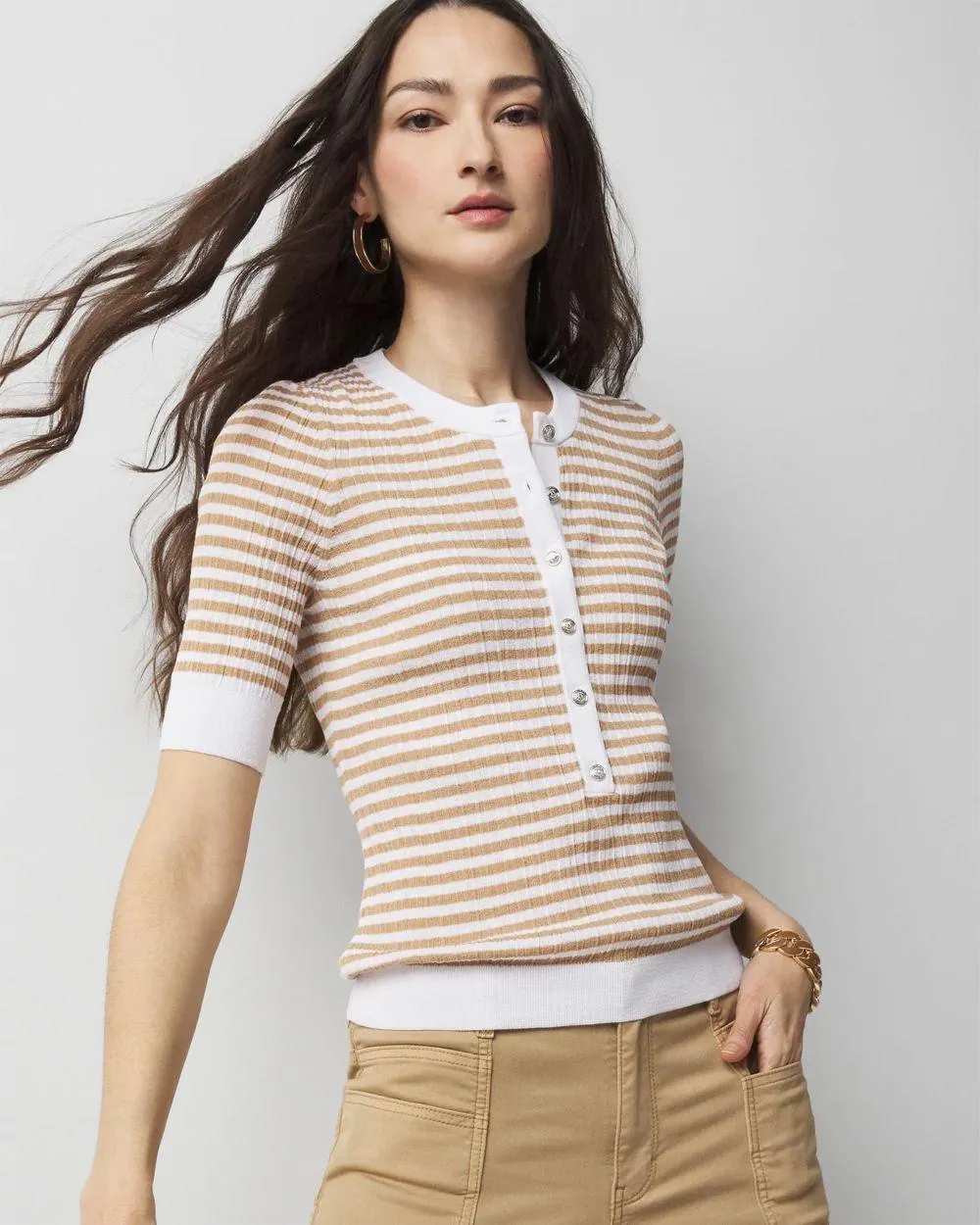 Elbow-Sleeve Henley Sweater