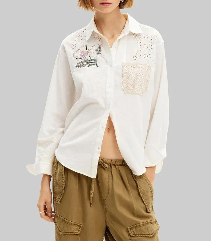 Camisa con microdiseños manga larga Mujer