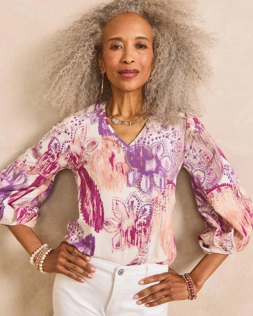 Paisley V-Neck Tuck-Sleeve Tee