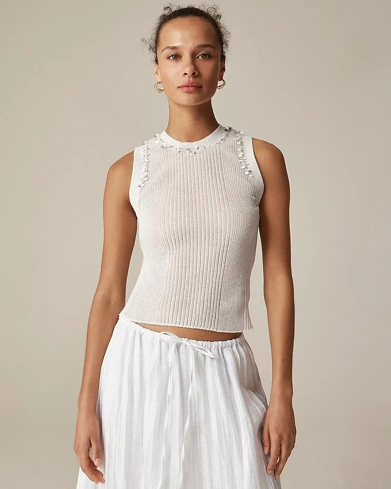 Sheer ruffle-trim tank top with sequin embellishments