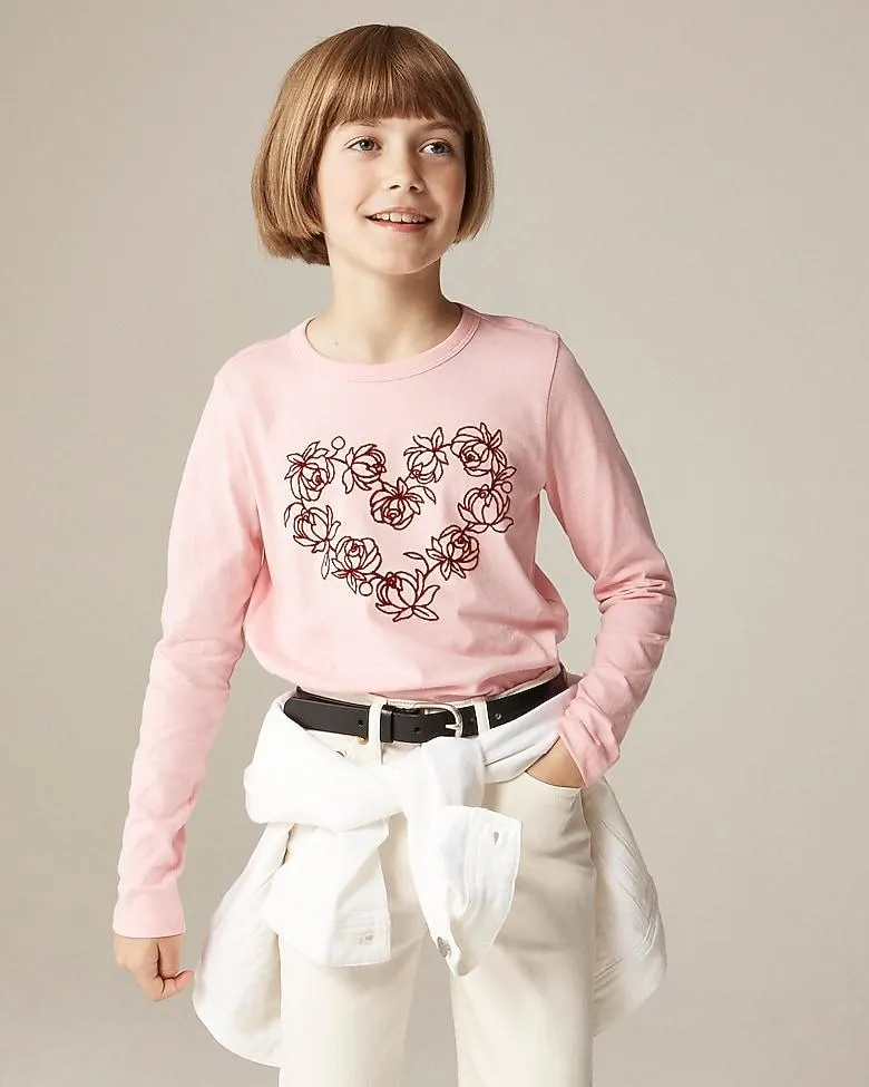 Girls' long-sleeve rosette heart graphic T-shirt with flocking