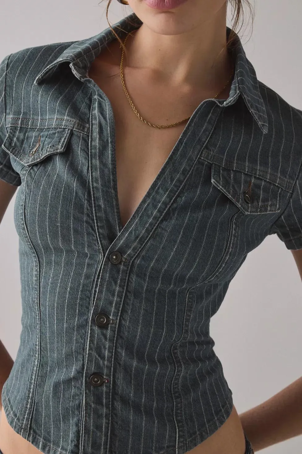 BDG Polly Denim Slim Short Sleeve Button-Up Shirt